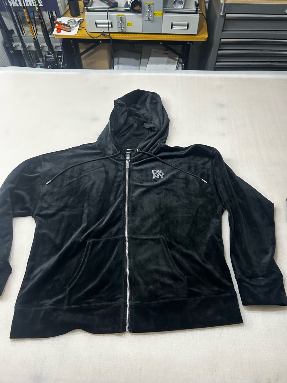 DKNY Black Velour Zip Hoodie with Subtle Chest Logo